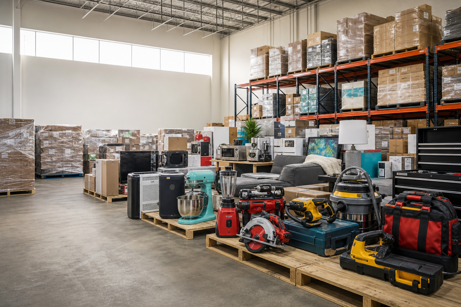 Warehouse auction inventory including electronics, tools, boxed goods, and pallets